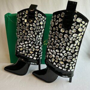 Lauren Lorraine Boots Womens Size 5.5 Black HANA Rhinestone Cowboy Stiletto